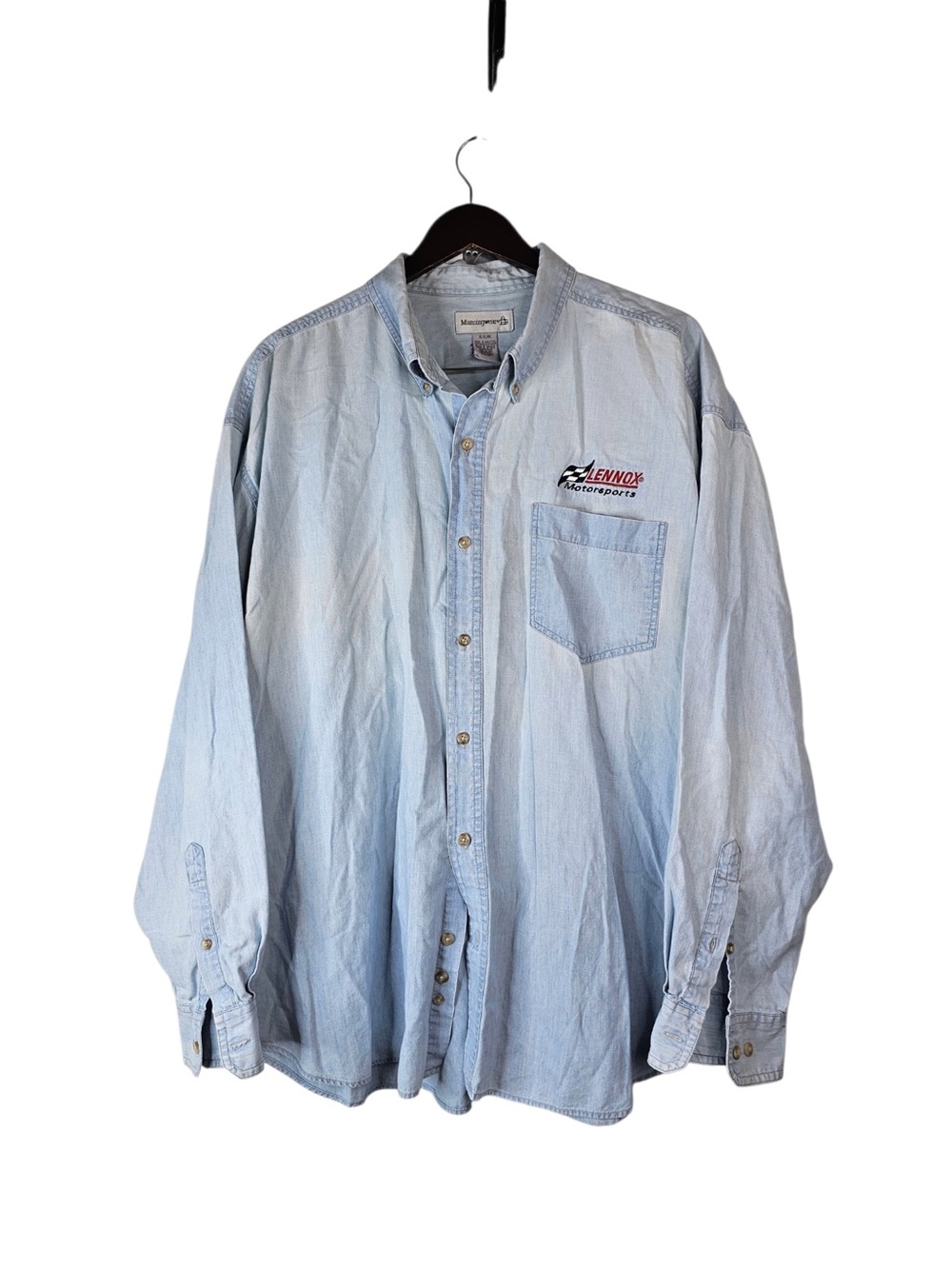 Vintage Munsingwear Mens XL Light Wash Denim Lennox Motorsports Shirt